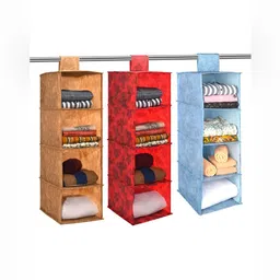Aura Brown & Red 3 Pieces Printed Foldable 4 Shelf Hanging Closet Organisers-26