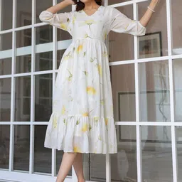Janasya Women White Georgette Floral Printed Tiered Dress-picture-44