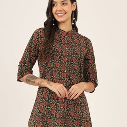 BAESD Floral Print Mandarin Collar Roll-Up Sleeves Ethnic Cotton Top-image-64