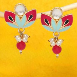 Anouk Kundan Studded & Beaded Contemporary Shaped Meenakari Drop Earrings-20