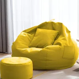 AARIJ MART Yellow 3 Pieces Colourblocked Leather Bean Bag With Footrest & Cushion-picture-25