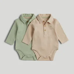 mothercare Infant Boys Pack Of 2 Self Designed Pure Cotton Shirt Collar Neck Bodysuit-image-40