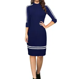 KREADAA Solid Striped Detail Sheath High Neck Dress-image-4