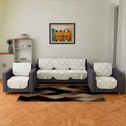 RUBOXA Cream-Coloured & Off White Printed Cotton Sofa Cover-image-34