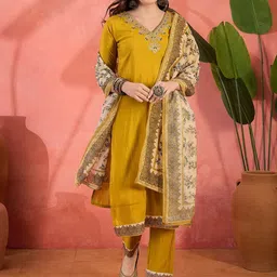 Sangria Embroidered Detailed Straight Kurta, Trousers & Dupatta Set-image-47