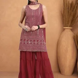 PARROT CREATION Geometric Embroidered Georgette Straight Kurti With Sharara & Dupatta-image-70