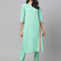 YASH GALLERY Women Green Solid Kurta with Trousers-image-56