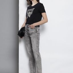 GUESS Women Tapered Mom Fit Mid-Rise Acid Wash Stretchable Jeans-image-98