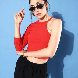 DressBerry Bright Red Solid One Shoulder The Vacay attire Crop Top-image-27