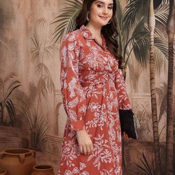 Sangria Floral Print Pure Cotton Twisted Wrap Ethnic Shirt Dress-image-41