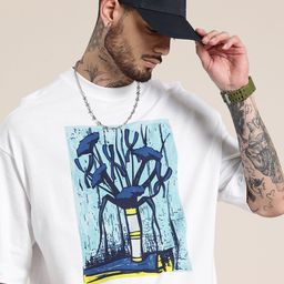 HERE&NOW Printed Drop-Shoulder Sleeves Oversized Pure Cotton T-shirt-image-18