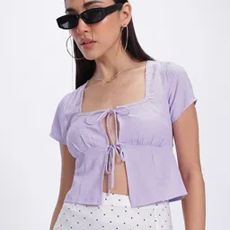 glitchez Dreamy Dobby Weave Tie-Up Detail Front-Open Crop Top-29