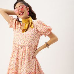 Antheaa Women Pink & Cream-Coloured Printed Fit and Flare Tiered Dress-picture-3