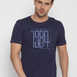 YAK YAK Men Navy Blue Printed Round Neck Slim Fit Pure Cotton T-shirt-image-101
