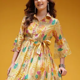 HERE&NOW Floral Printed Shirt Collar Bell Sleeves A-Line Dress with Belt-picture-35