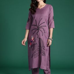 Indo Era Women Floral Embroidered Regular Thread Work Pure Cotton Kurta with Trousers-13