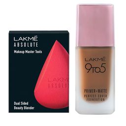 Lakme 9To5 Primer+Matte Perfect Cover Foundation 25 ml - Cool Cocoa C390 &  Beauty Blender-44