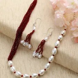 Aatmana Gold-Tone Beaded & White Pearl Studded Maroon Necklace Set-image-25