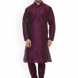 Hangup Men Burgundy Solid A-Line Dupain Silk Kurta-image-79
