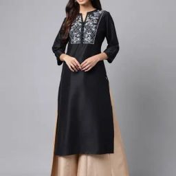 Janasya Black Silk Embroidered Straight Kurta-image-63