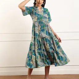True Shape Women Floral Print Puff Sleeve Cotton Fit & Flare Midi Dress-image-94