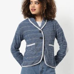 Campus Sutra Blue Cotton Textured Blazer-picture-45