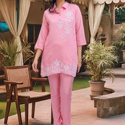 KALINI Embroidered Collared Neck Three Fourth Sleeve Tunic With Trouser Co-Ords-image-63