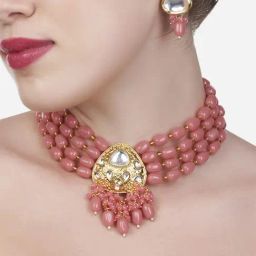 Zaveri Pearls Pink Multistrand Beaded Kundan Choker Necklace & Earring Set-ZPFK13573-image-7