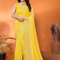 AMRUTKALA SAREES Floral Gotta Patti Poly Georgette Block Printed Saree-53