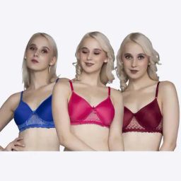 FIMS Blue & Maroon Lace Work Bras - Pack Of 3-image-69