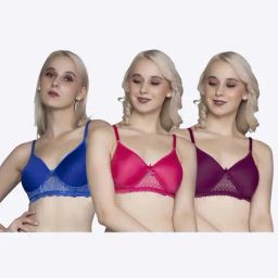 FIMS Blue & Purple Lace Work Bras - Pack Of 3-image-71