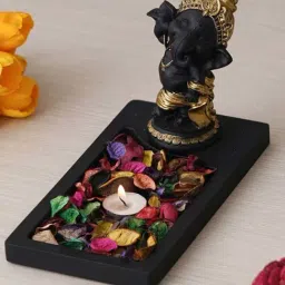 eCraftIndia Black & Golden Polyresin Baal Ganesha Showpiece & Fragnanced Petals and Tealight-image-55