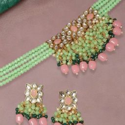 Oomph Mint Green & Pink Kundan Jadau Ethnic Necklace with Earrings Set-image-20