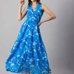 Moomaya Blue & White Floral Print Maxi Dress-image-27
