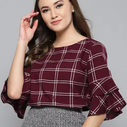 Harpa Women Aubergine Checked Styled Back Pure Cotton Top-image-36