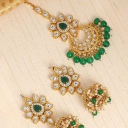 Oomph Green Beads & Kundan Jadau Maangtikka with Earrings Set-image-44