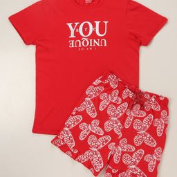 Honeyhap Premiun 100% Cotton Text & Butterfly Printed Half Sleeves Night Suit with Bio Finish - Red-image-8