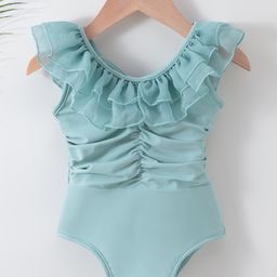 Kookie Kids Sleeveless Frilled V Cut Swimsuit - Light Blue-image-4