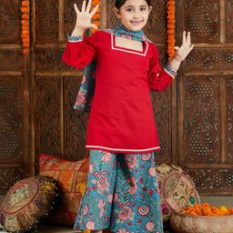 Vastramay Full Sleeves Floral Printed Kurta With Palazzo And Dupatta Set - Red And Aqua-image-72