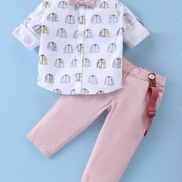ToffyHouse 100% Cotton Full Sleeves Printed Shirt & Trouser Set with Bow & Suspender  - Light Peach-picture-14