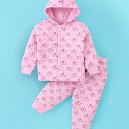 Doreme Cotton Knit Full Sleeves Winter Wear Hooded Night Suit With Elephant Print - Pink-image-35