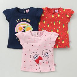 Mini Donuts Cotton Knit Half Sleeves Tops with Floral & Pineapple Print Pack of 3- Multicolour-image-47