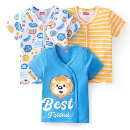 Babyhug 100% Cotton Knit Half Sleeves Striped & Lion Printed Front Open Vests Pack of 3 - Yellow & Blue-image-45