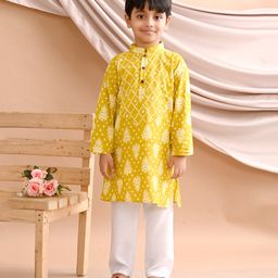 Kinder Kids Full Sleeves Ethnic Motif  Designed Kurta Pyjama - Yellow-image-33