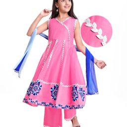 Pine KidsWoven Sleeveless Kurti & Churidar with Dupatta Set Floral Embroidery - Dark Pink-image-69