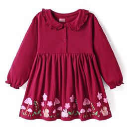 Babyhug Single Jersey Knit Full Sleeves Frock With Floral Print & Peter Pan Collar - Maroon-picture-17