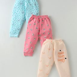 Mini Donuts Cotton Knit Full Length Pyjamas Text & Heart Printed Pack of 3 - Aqua Blue Coral& Pink-image-60
