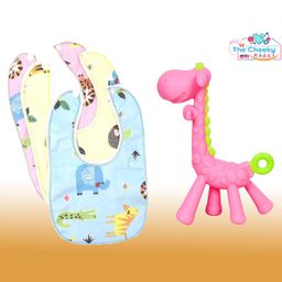 The Cheeky Kidzz Baby Giraffe Shape Soft Silicone Teething Toy for Oral Dental Car Non-Toxic Flexible BPA Free with 3 Feeding Bibs (PINK)-11
