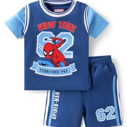 Babyhug Marvel Single Jersey Knit Half SleevesT-Shirt & Shorts Set with Spiderman Graphics & Tape Detailing - Blue-image-96