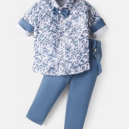 Rikidoos Cotton Full Sleeves Abstract Printed Shirt With Pant Suspender & Bow Set - Blue-image-91